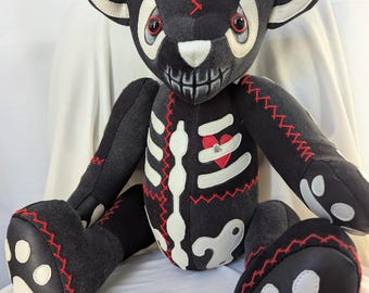 Handmade Denim Skeleton Teddy Bear - Upcycled Leather Accents