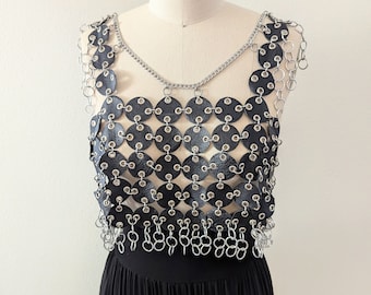 Upcycled Leather Chainmail Crop Top: Silver Chain Detail