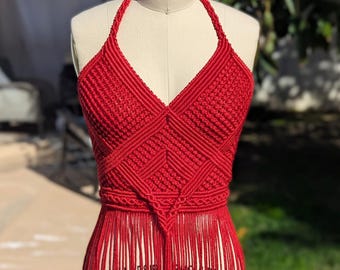 Red Macrame Dress, Handcrafted Shiny Dress