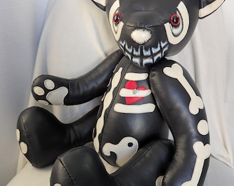 Handmade Leather Skeleton Teddy Bear: Spooky Halloween Decor