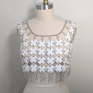 White Denim Top, Upcycled Denim Crop Top, Circle Top, Chainmail Crop Top