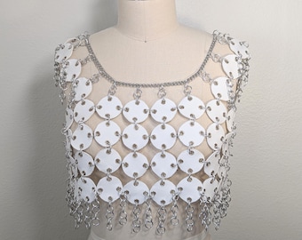 Upcycled White Denim Chainmail Crop Top: Silver Grommet Accents