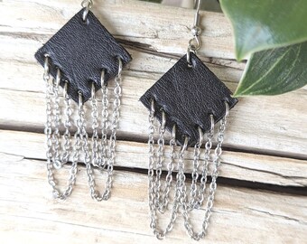 Upcycled Leather Earrings: Hand-Cut with Silver Chains