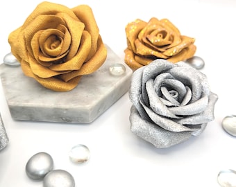 Handmade Rose, Silver Rose, Golden Rose, Rose Brooch, Denim Flower Pin, Floral Pin, Fabric Rose