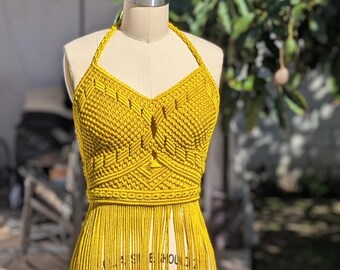 Hand-Knotted Golden Yellow Rope Dress: Macrame Goddess Gown