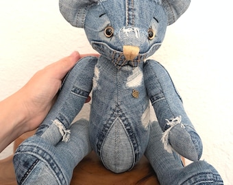 Handmade Denim Teddy Bear, Upcycled Jeans Plush (14 inch)