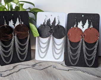Handcrafted Leather Earrings: Upcycled Leather & Silver Chain Dangles