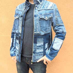 Upcycled Denim Patchwork Jacket: Men's Sustainable Jean Coat (S/M)