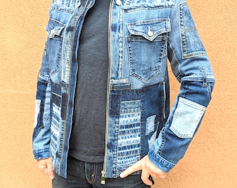Upcycled Denim Patchwork Jacket: Men's Sustainable Jean Coat (S/M)