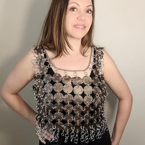 Brown Leather Crop Top, Upcycled Leather Top, Leather Chainmail Top