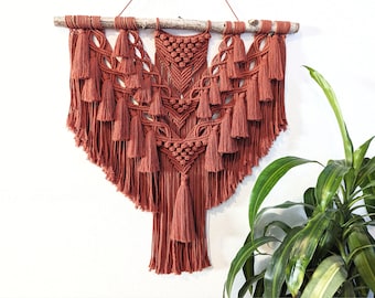 Burnt Orange Macrame Wall Hanging: Fiber Art with Birch Branch