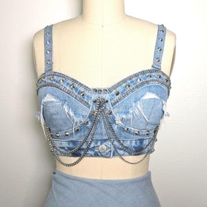 Upcycled Denim Corset with Chains & Studs, One of a Kind Statement Piece