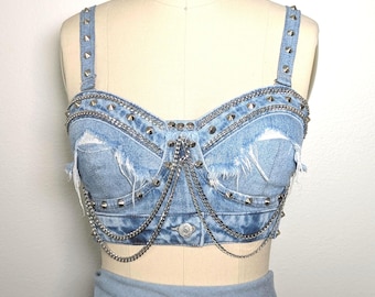 Upcycled Denim Corset with Chains & Studs, One of a Kind Statement Piece