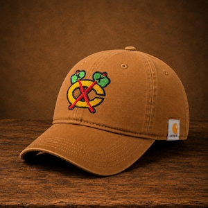 May include: A tan Carhartt baseball cap featuring an embroidered logo on the front. The logo consists of a yellow letter C with two crossed green and red tomahawks. A small white Carhartt brand tag is stitched onto the side of the cap.