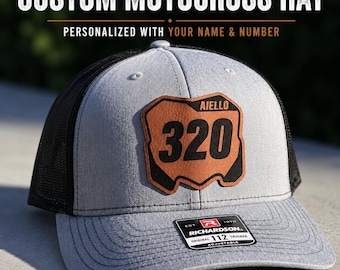 Gorra de motocross personalizada / Gorra Richardson 112 con parche de cuero personalizado / Regalo para pilotos de motocross con nombre y número