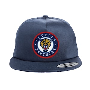 May include: A navy blue baseball cap with a Florida Panthers logo embroidered on the front. The logo is a circle with the words "Florida Panthers" around the edge and a yellow and red panther head inside.