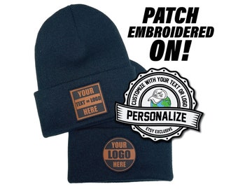 Custom Leatherette Patch Beanies - Laser Engraved Leather Patches Stitched on Beanies