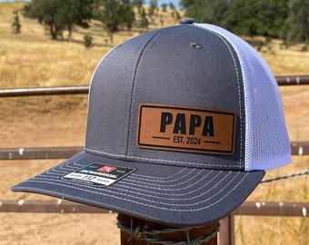 Papa Est Hat, Dad Leather Patch Cap, New Papa Trucker Hat, Custom Leatherette Patch Snapback, Gift for Papa, 2024 Gift Ideas