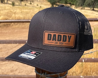 Daddy Leatherette Patch Hat, Dad Leather Patch Cap, Father Established Year Snapback, Personalized Trucker Hat, Gift for Dad, 2024 Dad Hats