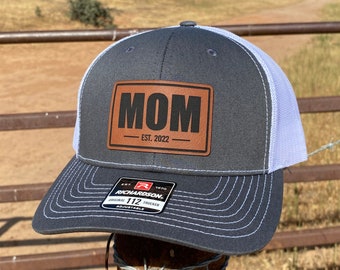 Mom Est Hat, Leatherette Patch Hat, New Mom hat, Gift for New Mom, Snapback Trucker Hat, Richardson 112, Personalize It, Custom patch hat