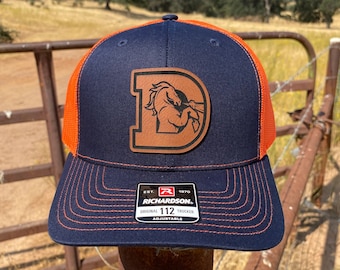 Denver Broncos Patch Hat, Broncos D Logo Leather Patch Cap, Mile High Football gift, Gift for Broncos Fan, Fantasy Football Hat