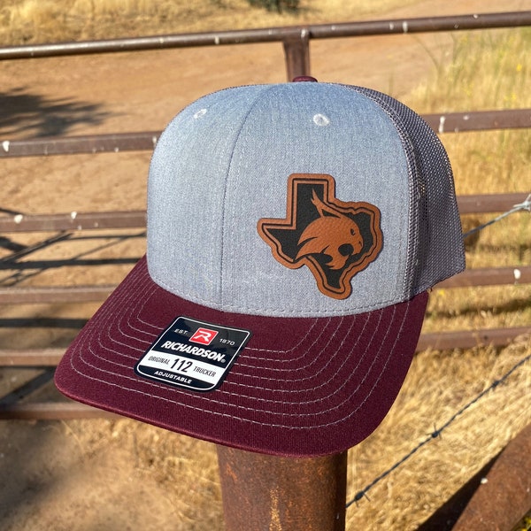 Texas State Hat, Bobcats Leatherette Patch Cap, TX State Shaped Leather Patch, TSU Alumni, Eat 'em Up, Cats, Gift for College Richardson 112