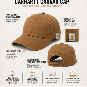 May include: A brown Carhartt canvas cap featuring a pre-curved visor, a woven Carhartt label on the left side, and an adjustable hook and loop strap at the back with Carhartt embroidery. The text reads Carhartt Canvas Cap, Built for work. Made for everyday.