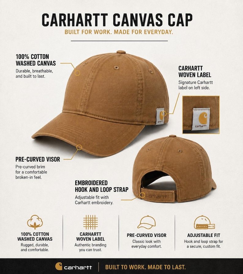 May include: A brown Carhartt canvas cap featuring a pre-curved visor, a woven Carhartt label on the left side, and an adjustable hook and loop strap at the back with Carhartt embroidery. The text reads Carhartt Canvas Cap, Built for work. Made for everyday.