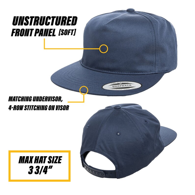 May include: A navy blue unstructured baseball cap with a matching undervisor and 4-row stitching on the visor. The cap has a snap closure and a maximum hat size of 3 3/4 inches.