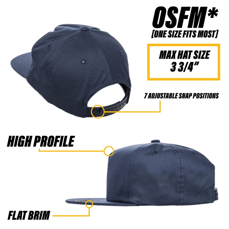 May include: A navy blue baseball cap with a high profile and flat brim. The cap has an adjustable snap closure with 7 positions and a maximum hat size of 3 3/4 inches. The text "OSFM* [ONE SIZE FITS MOST]" is printed on the cap.