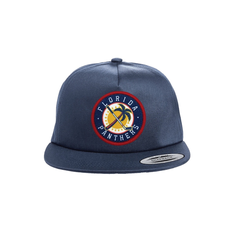 Florida Panthers Palm Tree and Hockey Stick Logo Patch Hat. Navy Yupoong 6502 Snapback