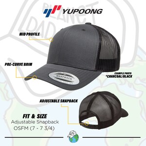 May include: A charcoal gray and black adjustable snapback hat with a pre-curved brim and a mid profile. The hat has a mesh back and a white sticker with the text "The Classics Snapback Yupoong Since 1975". The hat is labeled "Example Photo *Charcoal/Black".