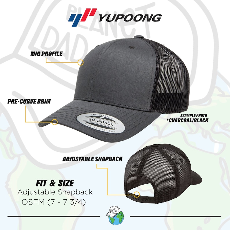 May include: A charcoal gray and black adjustable snapback hat with a pre-curved brim and a mid profile. The hat has a mesh back and a white sticker with the text "The Classics Snapback Yupoong Since 1975". The hat is labeled "Example Photo *Charcoal/Black".
