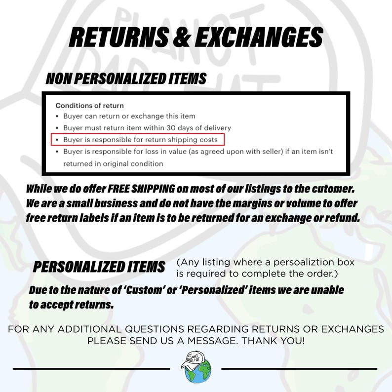 Puede incluir: Un gr&aacute;fico blanco con el texto "RETURNS & EXCHANGES" en la parte superior. El gr&aacute;fico detalla las condiciones de devoluci&oacute;n, incluida la responsabilidad del comprador por los gastos de env&iacute;o de la devoluci&oacute;n. Texto adicional explica la pol&iacute;tica de devoluci&oacute;n para art&iacute;culos personalizados.