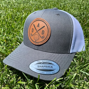 Dad golf hat. Golf Dad hat. Fathers Day Golf hat. Golf trucker hat. Leather patch hat for a golf dad. Fathers who golf. Golf snapback