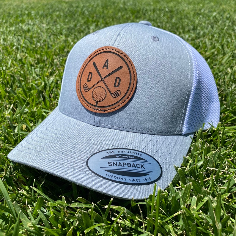 Dad golf hat. Golf Dad hat. Fathers Day Golf hat. Golf trucker hat. Leather patch hat for a golf dad. Fathers who golf. Golf snapback
