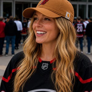 Puede incluir: Gorra de b&eacute;isbol marr&oacute;n con visera curva y logotipo en la parte delantera. La gorra se usa con una camiseta negra con rayas rojas y el logotipo de la NHL. La camiseta tiene el n&uacute;mero 20.
