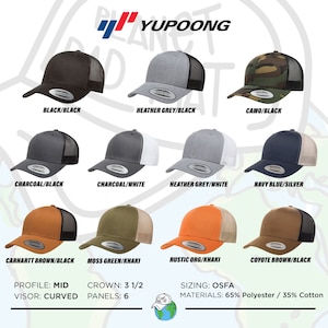 May include: A collection of Yupoong trucker hats in various colors, including black, gray, camo, and brown. Each hat features a mesh back and a curved visor. The hats are OSFA, made of 65% polyester and 35% cotton.