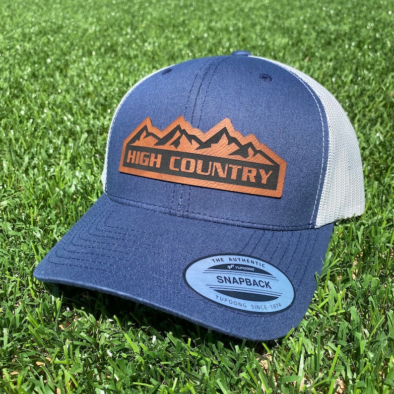 Navy High Country Trucker Hat. Chevrolet High Country Leather patch hat. Chevy High Country Cap. Snapback.