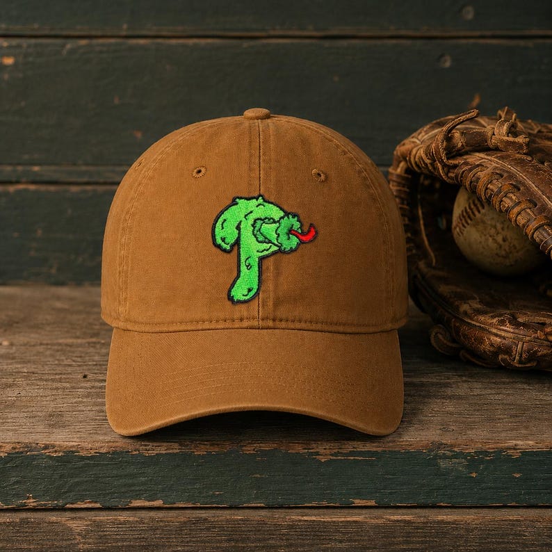 May include: A brown baseball cap featuring an embroidered green letter P with a red tongue sticking out. The cap has a structured crown, a curved brim, and eyelets for ventilation. The design is centered on the front panel of the hat.