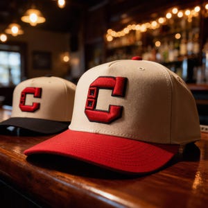 May include: Two baseball caps with a beige crown and a red embroidered letter C on the front. The foreground cap features a solid red brim, while the cap in the background has a black brim. Both caps have a structured five-panel design.