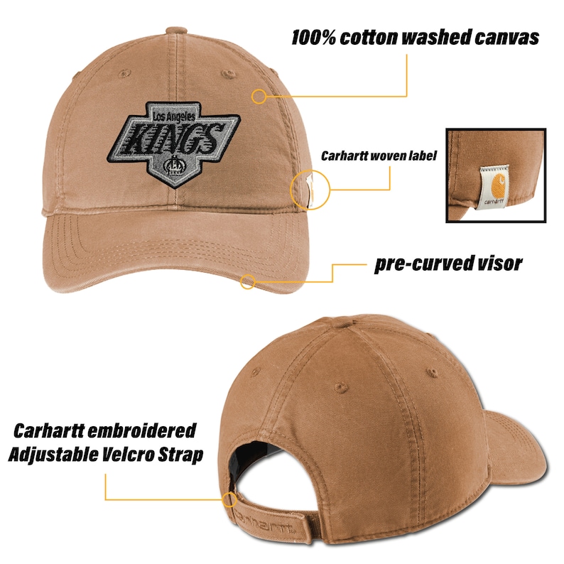 K&ouml;nnte beinhalten: Eine braune Baseballkappe mit einem vorgekr&uuml;mmten Visier. Die Kappe hat ein gesticktes Carhartt-Logo auf der R&uuml;ckseite und ein gesticktes Los Angeles Kings-Logo auf der Vorderseite. Die Kappe ist aus 100% gewaschener Baumwoll-Canvas gefertigt und hat einen verstellbaren Klettverschluss.