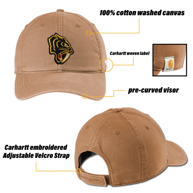 Puede incluir: Una gorra de b&eacute;isbol marr&oacute;n con un logotipo de pantera negra bordado en la parte delantera. La gorra est&aacute; hecha de lona de algod&oacute;n lavada 100% y tiene una correa de velcro ajustable. La gorra tambi&eacute;n tiene una visera precurvada y una etiqueta tejida de Carhartt.