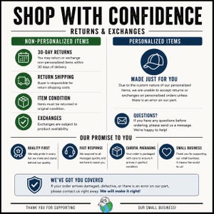 May include: An informational graphic titled SHOP WITH CONFIDENCE outlining return and exchange policies. It features sections for non-personalized and personalized items, plus a promise section with icons for quality, response, packaging, and small business support.