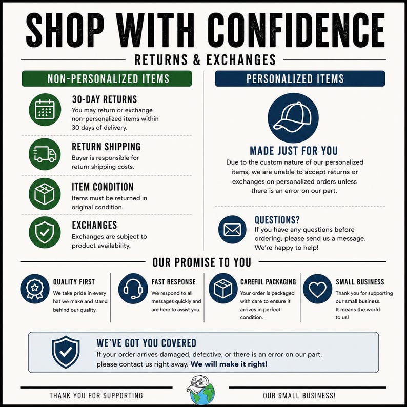 May include: An informational graphic titled SHOP WITH CONFIDENCE outlining return and exchange policies. It features sections for non-personalized and personalized items, plus a promise section with icons for quality, response, packaging, and small business support.