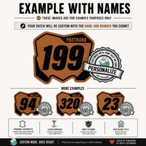 Examples of custom leatherette motocross number plate patches personalized with different rider names and race numbers.