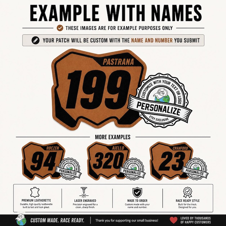 Examples of custom leatherette motocross number plate patches personalized with different rider names and race numbers.