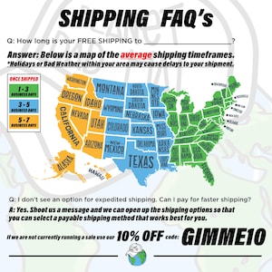 May include: A map of the United States with color-coded states indicating average shipping times. The text "SHIPPING FAQ'S" is at the top. The image also includes the text "10% OFF code: GIMME10".