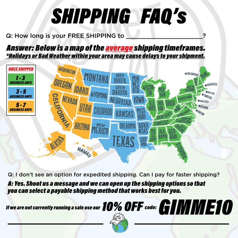 May include: A map of the United States with color-coded states indicating average shipping times. The text "SHIPPING FAQ'S" is at the top. The image also includes the text "10% OFF code: GIMME10".