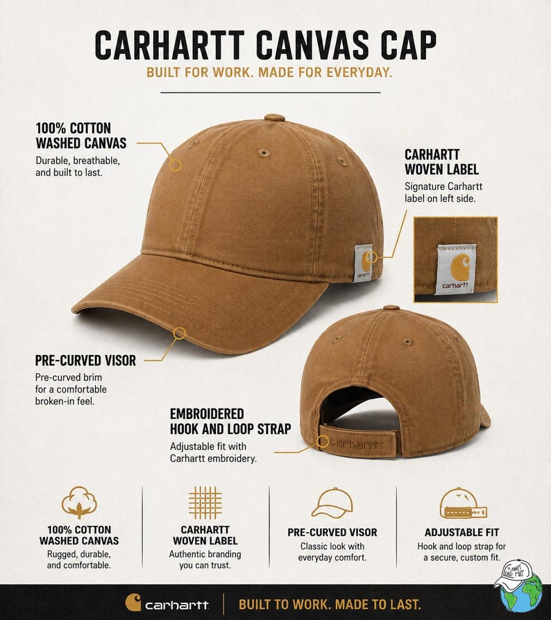 Puede incluir: Gorra de lona Carhartt marr&oacute;n con visera precurvada y correa ajustable de velcro. La gorra est&aacute; hecha de lona de algod&oacute;n 100% lavado y presenta la etiqueta tejida Carhartt. El texto de la gorra dice "CARHARTT CANVAS CAP" y "BUILT FOR WORK. MADE FOR EVERYDAY."